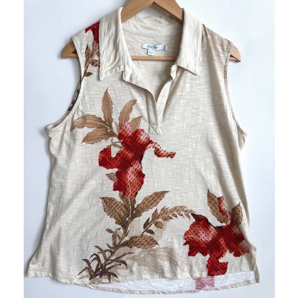 Chicos Floral Slub Sleeveless Polo Top Tan Red‎ Cotton Modal Size 3 XL
